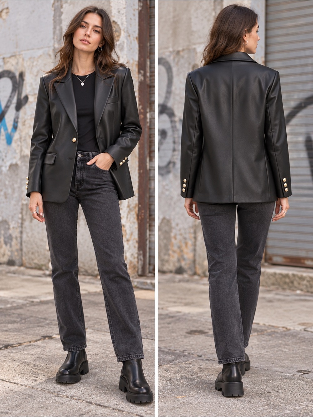 Women's Black Faux Leather Blazer Jacket - Petal and Pup